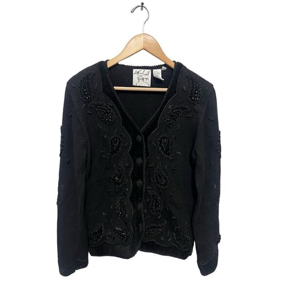 Michael Simon Beaded Cardigan Sweater Black Paisley Size M New With Tags